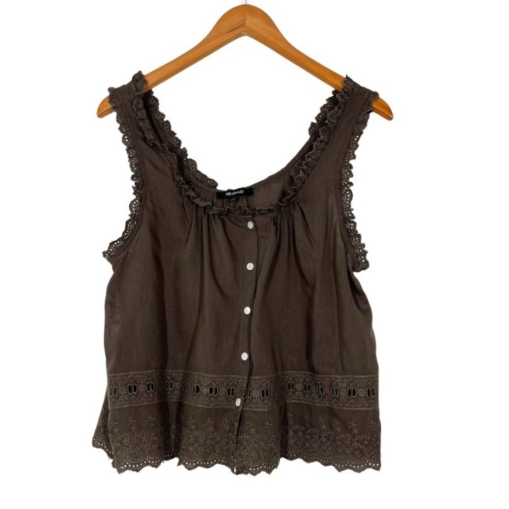 Madewell Brown Eyelet Lace Trim Button Front Tank Top Sleeveless Blouse Medium